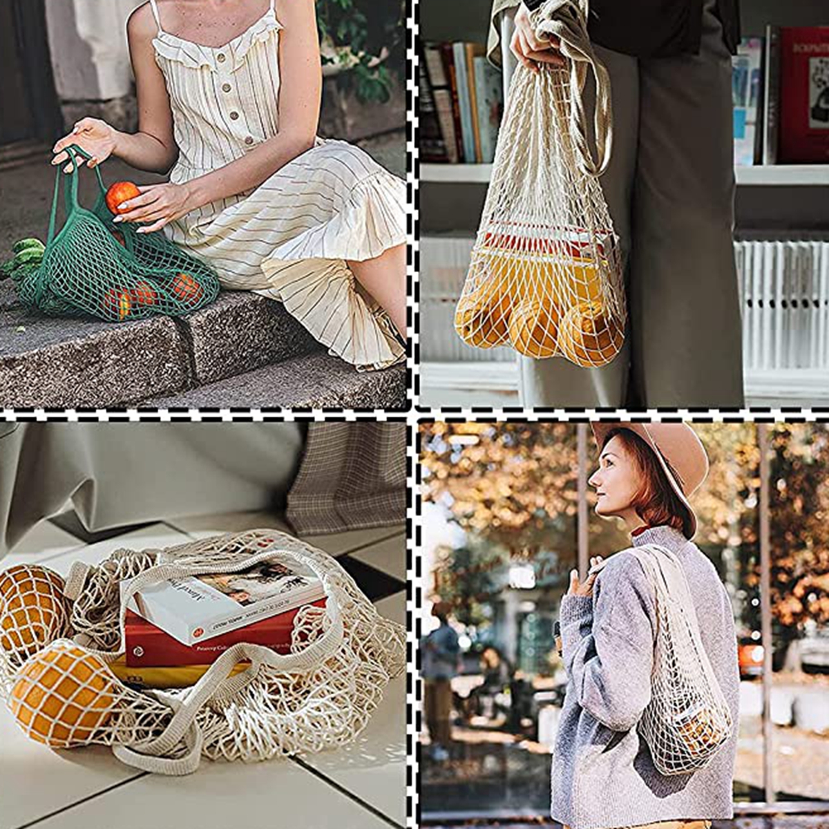 Bærbar gjenbrukbare dagligvareposer frukt grønnsakspose vaskbar bomullsnettstreng organisk organiser håndveske kort håndtak netttote