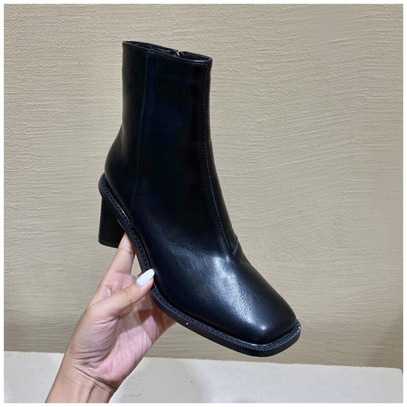 Suojialun dames enkellaarsjes met vierkante houten blokhak dames korte laarzen winter dames chelsea boots damesschoenen: Zwart / 39