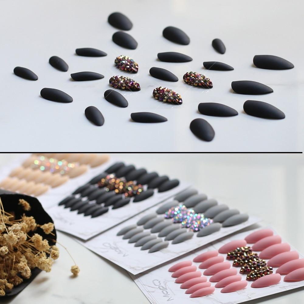Fresco Nero Opaco Presse Sulle Unghie di cristallo di Bling Unghie artistiche unghie finte Falsi unghie naturali a spillo con Adesivi 24pcs Puro colore