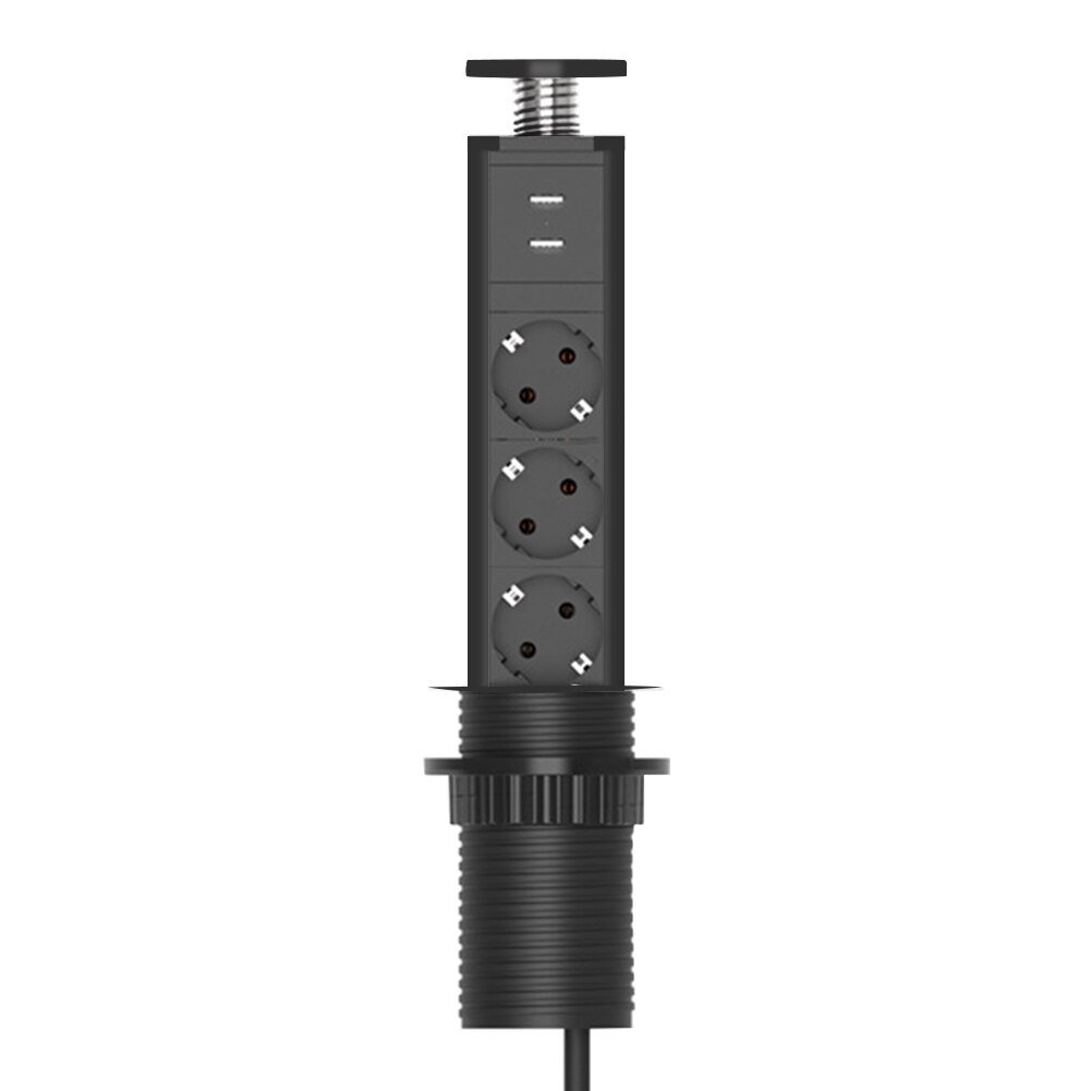 Stikkontakt 2 usb-porte 3 ac stik udtrækkeligt skjult brandhæmmende bordstik køkken med ledning soveværelse aluminiumslegering: Sort