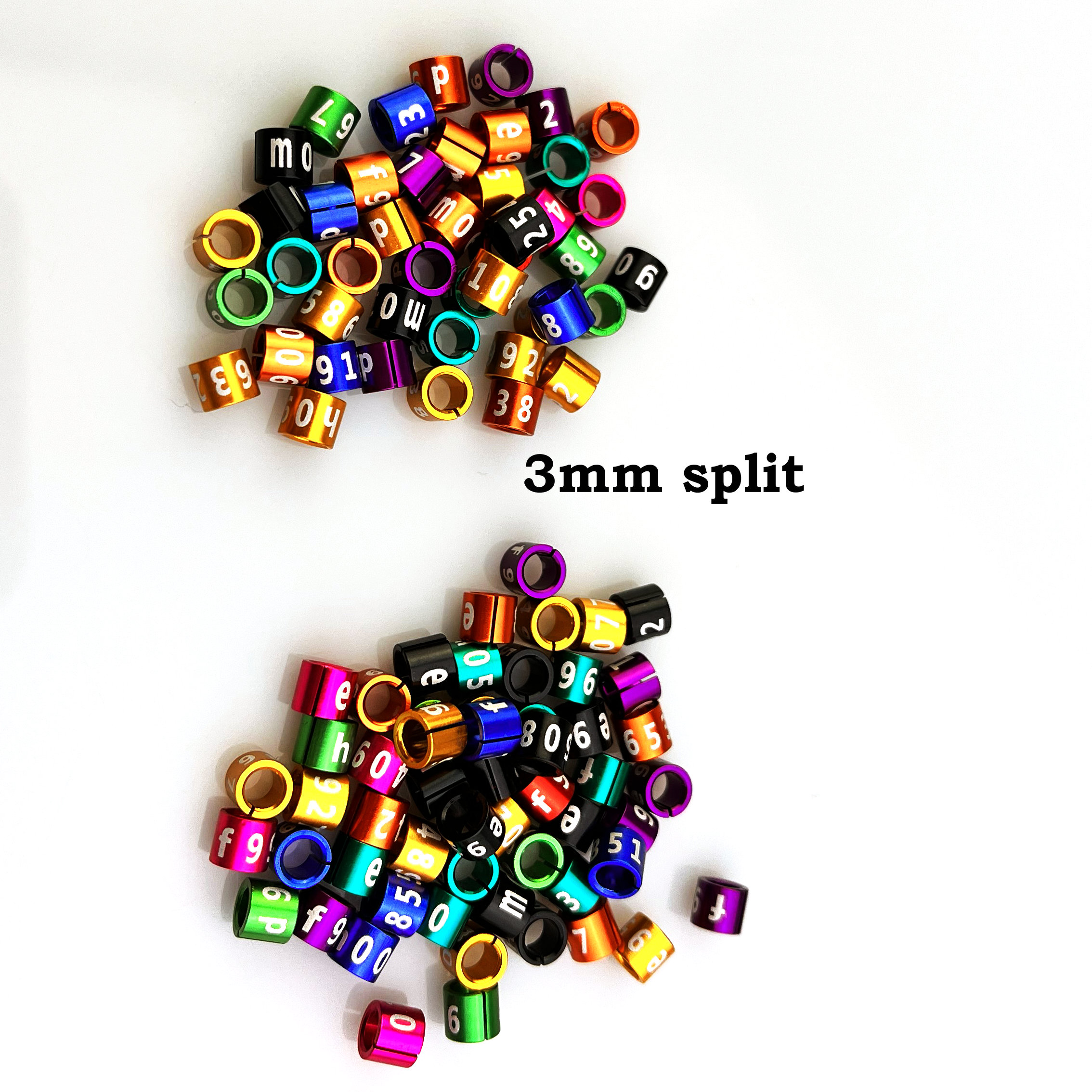 Bandas para patas de pájaro divididas, anillos canarios de 3 mm, no personalizados, caracteres aleatorios, mezcla de colores, aluminio, lote de 25 piezas