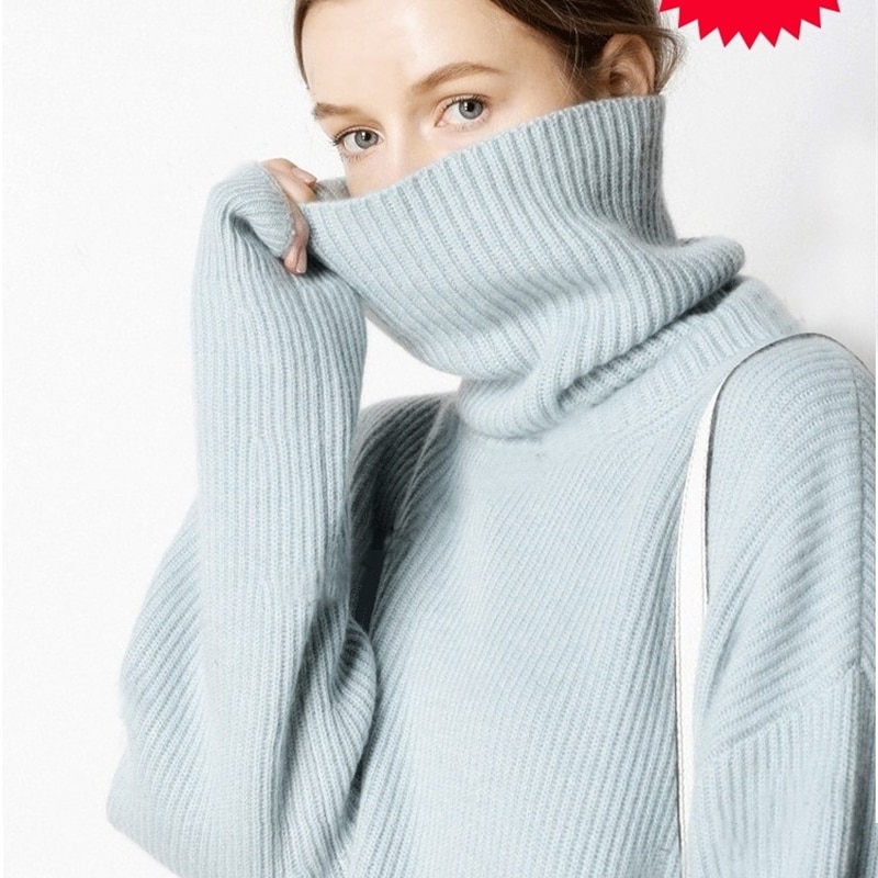 Pullover 100% Frauen Kaschmir und Wolle Stricken Jumper Frau Winter Rollkragen Warme Pullover Frau Strickwaren Top