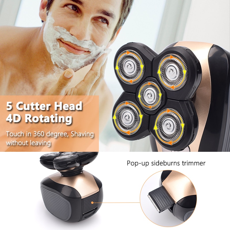 5 in 1 4d genopladelig skaldet elektrisk barbermaskine til mænd 5 #39 hoveder skæg næse øre hår trimmer barberkniv klipper ansigtsbørste