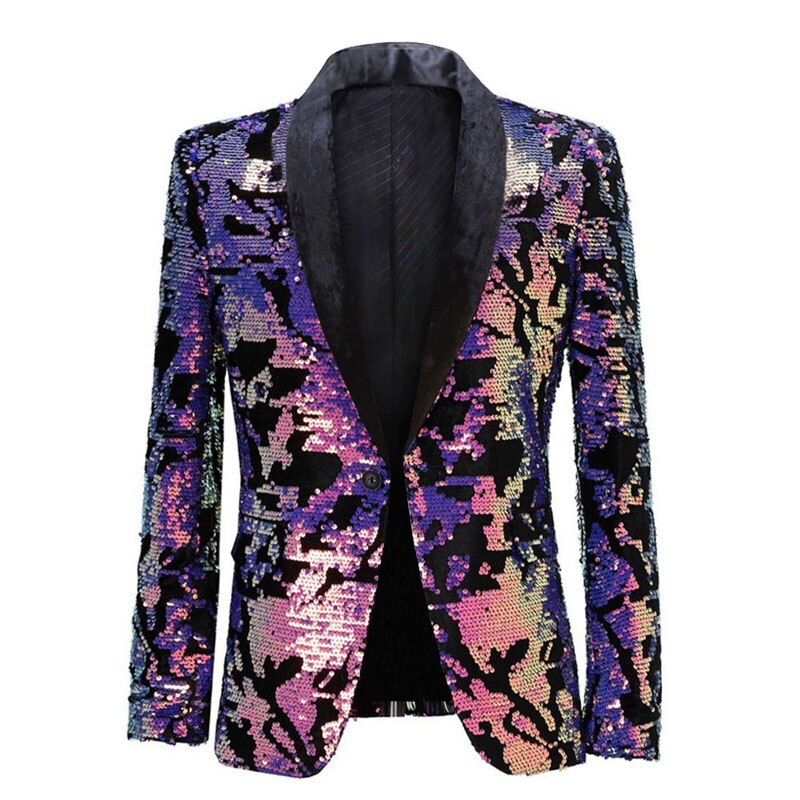 Pyjtrl Mannen Plus Size Paars Groen Blauw Pailletten Fluwelen Blazer Night Club Dj Zanger Shiny Paillette Jasje Prom Jurk kostuum: purple / US size M 40R