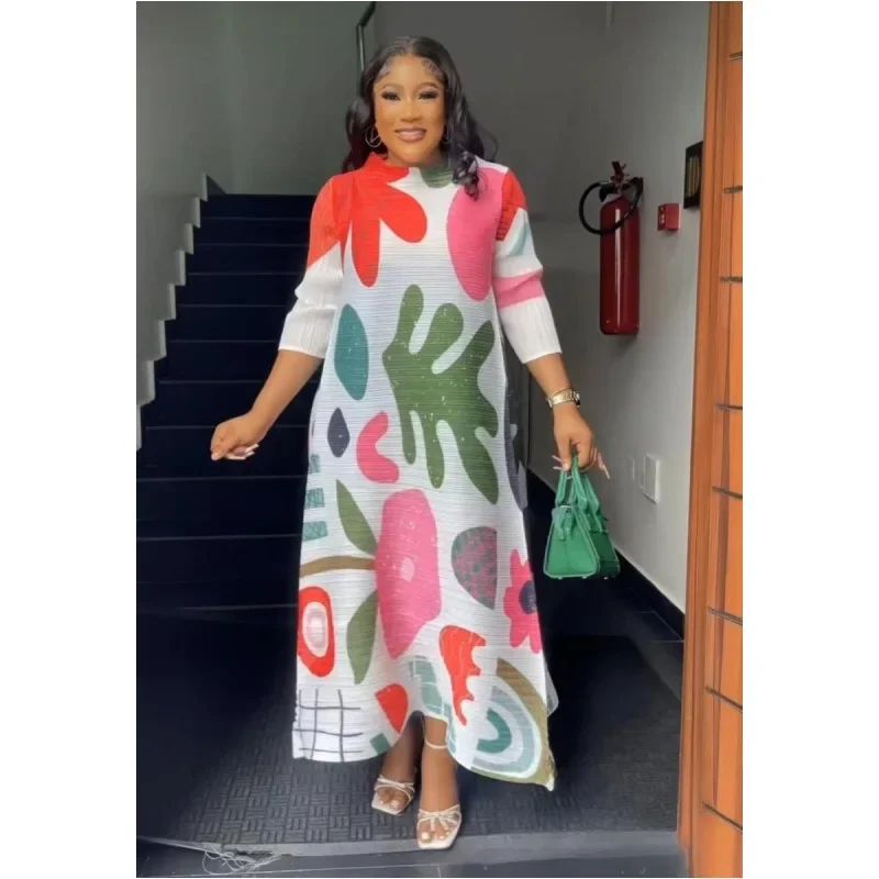 Women's Pleated Loose Fitting Dress Spring Print Color Blocking O-neck Quarter Sleeve Women's Dress: Default Title