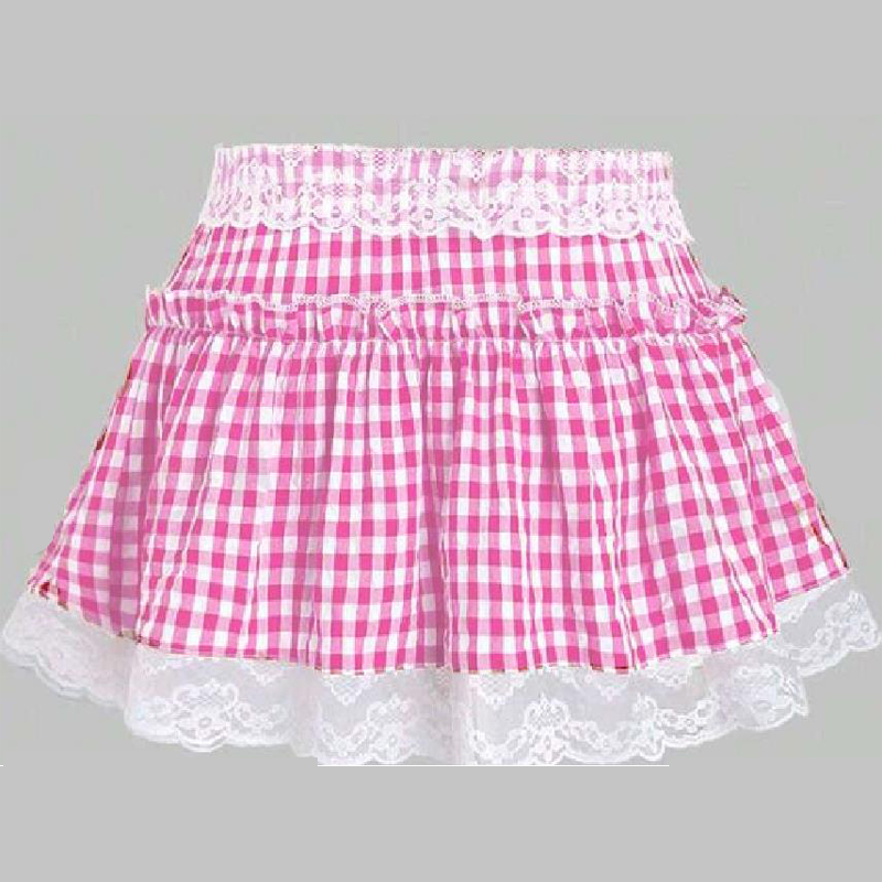 Kvinners  y2k rutete plissert miniskjørt blondere rysjer aline skjørt blå gingham dorothy halloween kostyme pingle skjørt fest klubbantrekk: S / Rosa