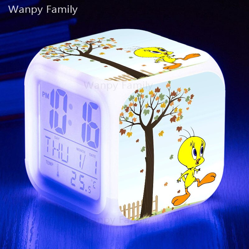 Very Lovely Tweety Alarm Clock 7 Color Glowing LED Multifunctio Digital Alarm Clock Big screen Touch Sensing Flash Watches Clock: Silver