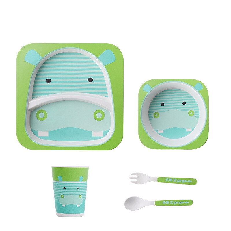 Imebaby5 pièce ensemble bambou vaisselle bambou bol bébé alimentation plaque créative dessin animé enfants bol/tasse/fourchette cuillère coffret: Green hippo