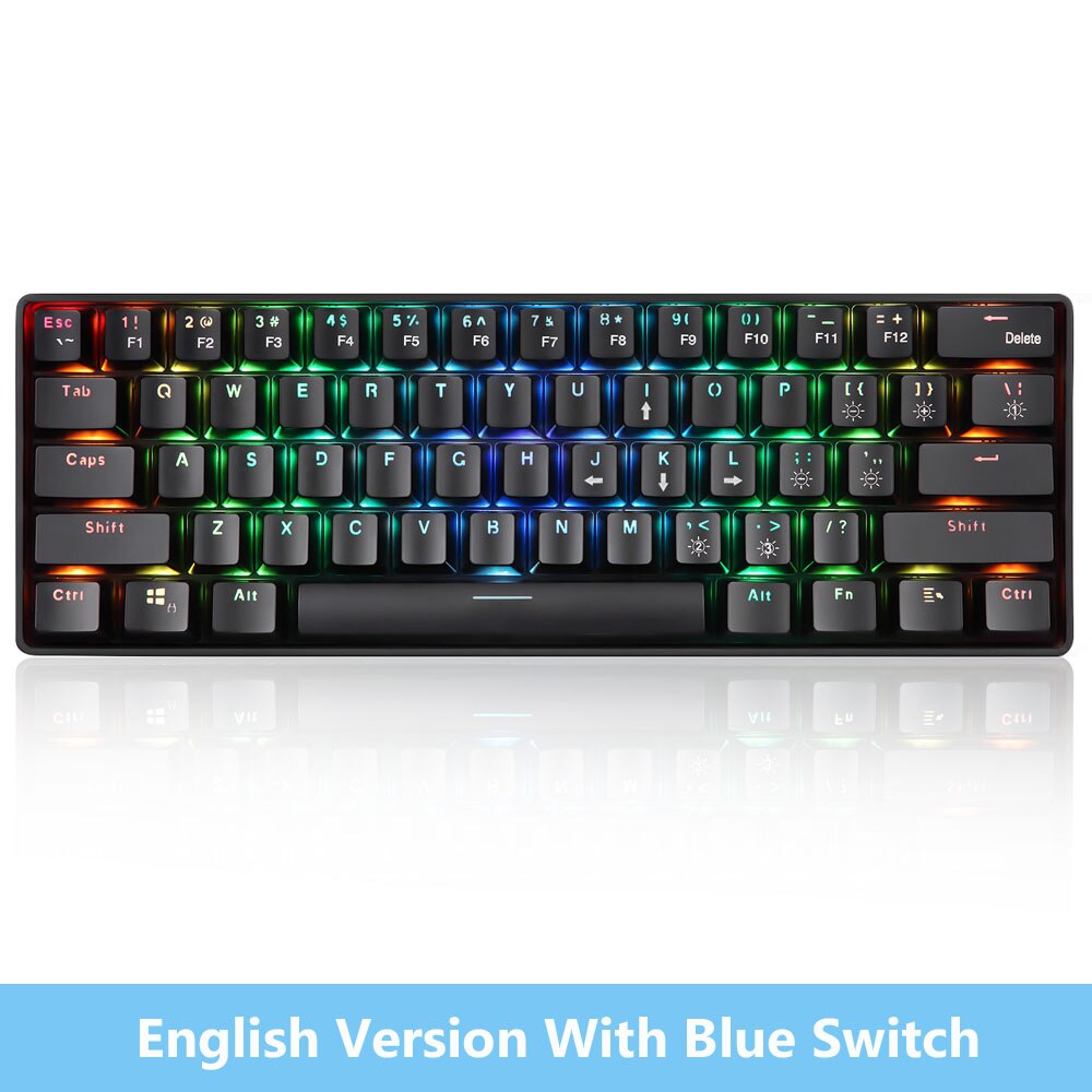2.4G Wireless Wired Gaming Mechanical Keyboard Russian English With backlit 61 keys Blue Switch RGB Color For Desktop Computer: English  Blue