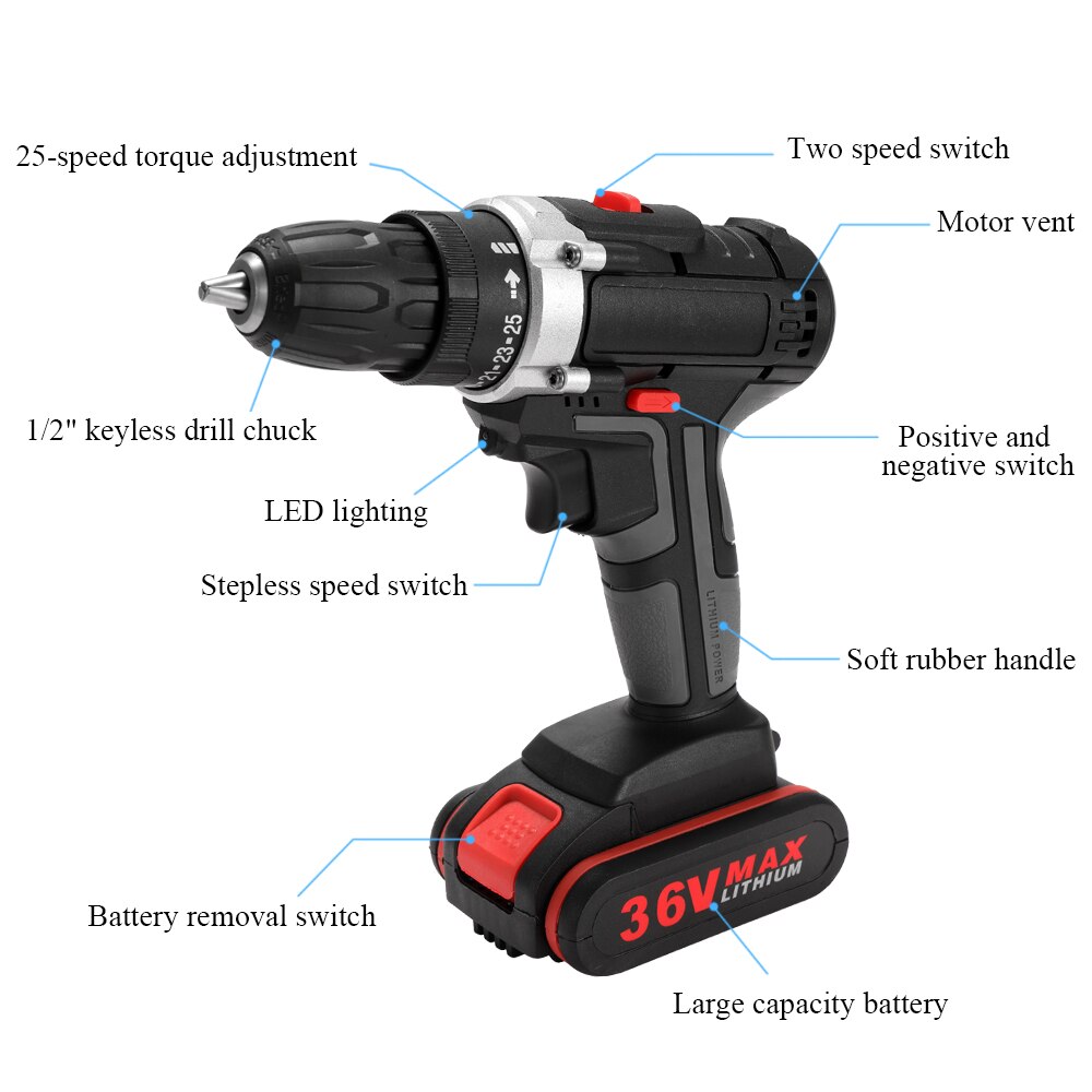 36V Multifunctional Electric Impact Cordless Drill High-power Lithium Battery Wireless Rechargeable Hand Drills Electric Tools