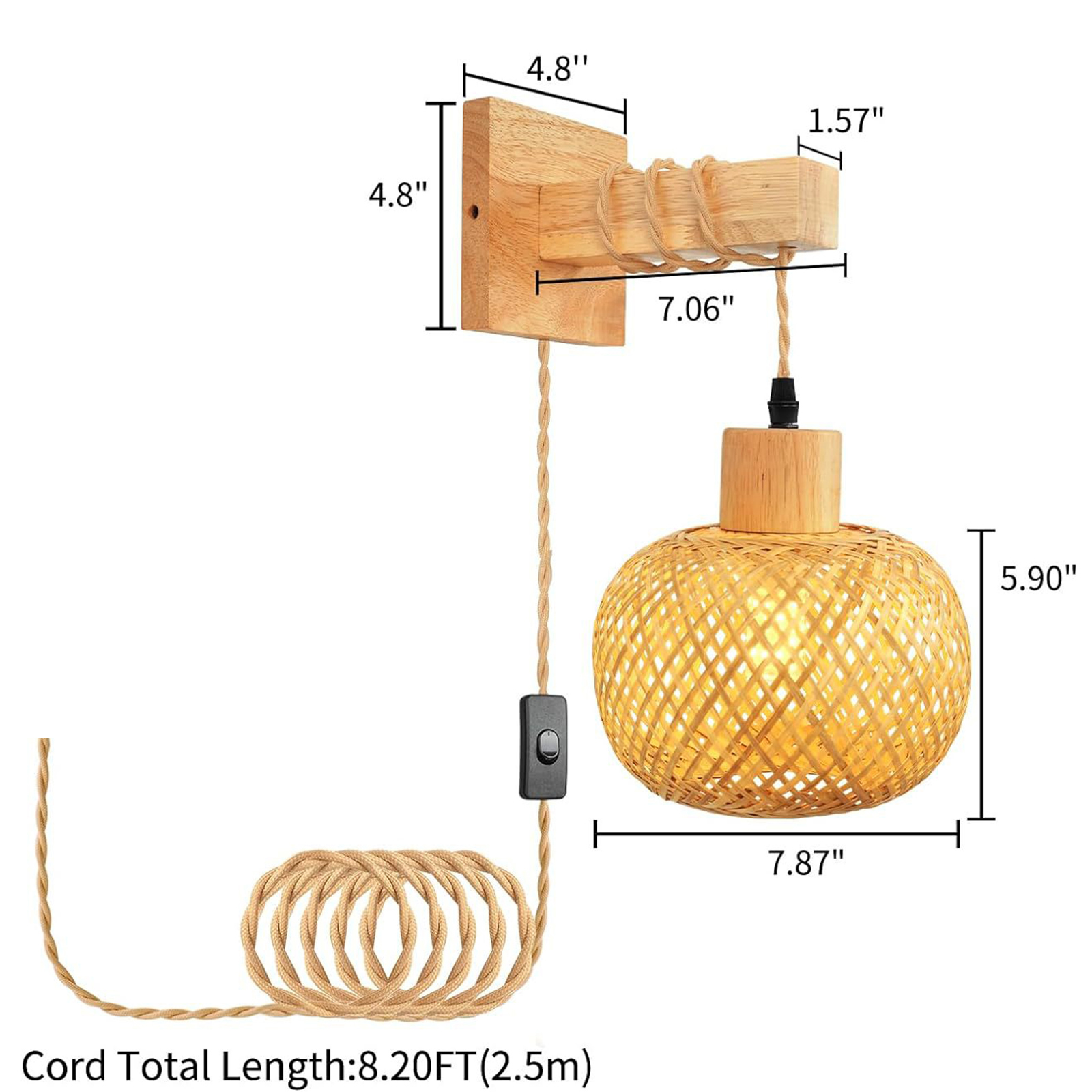 Wall Sconce Hand Woven Boho Bamboo Bedside Wall Lamp Plug in Pendant Light for Home Bedroom Living Room Light Fixtures EU Plug: WHITE