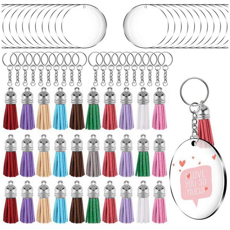 Acrylic Circle Keychain Blanks Clear Kit 120Pcs for Cricut Vinyl Project, Including Acrylic Disc Blanks, Tassels: Beige