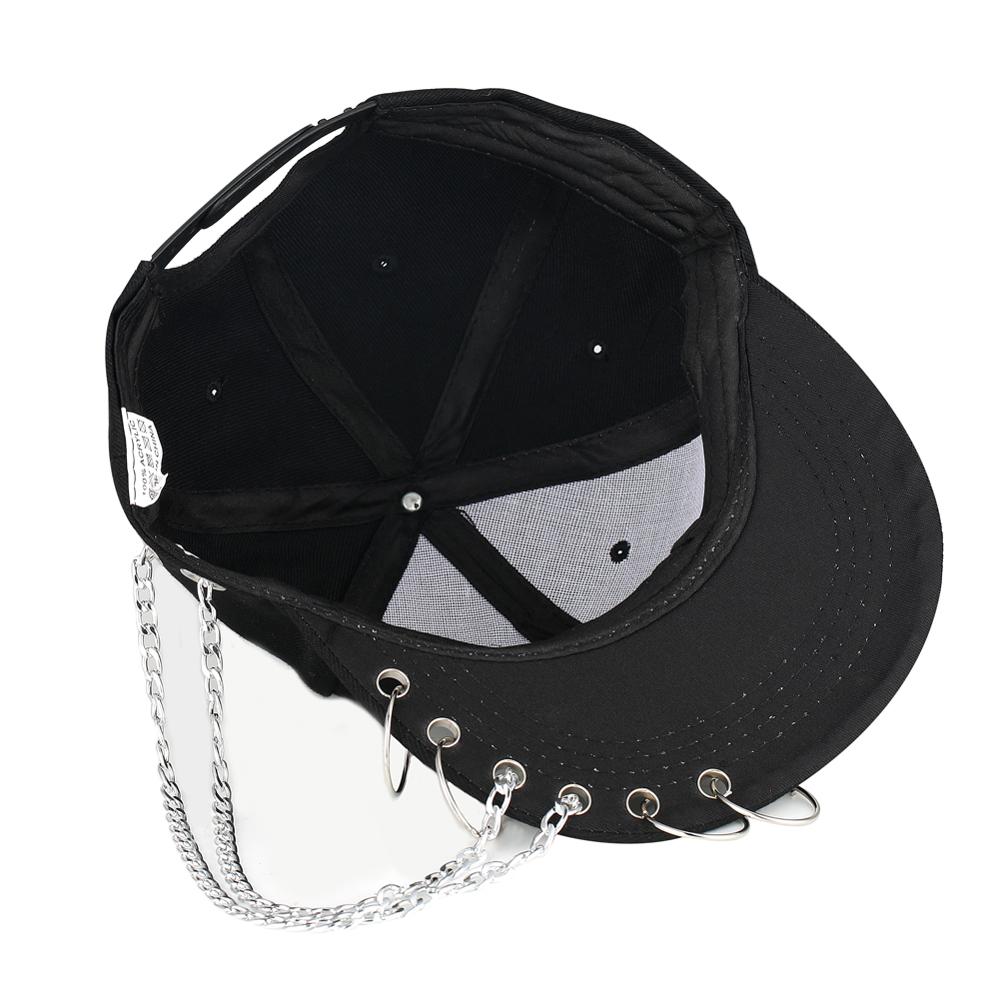 Gorra negra Punk Hip hop con cadena de hierro, remache, sombrero plano con pico, gorra deportiva transpirable para papá, Piercing, anillo, gorra de béisbol Snapback jazz niños