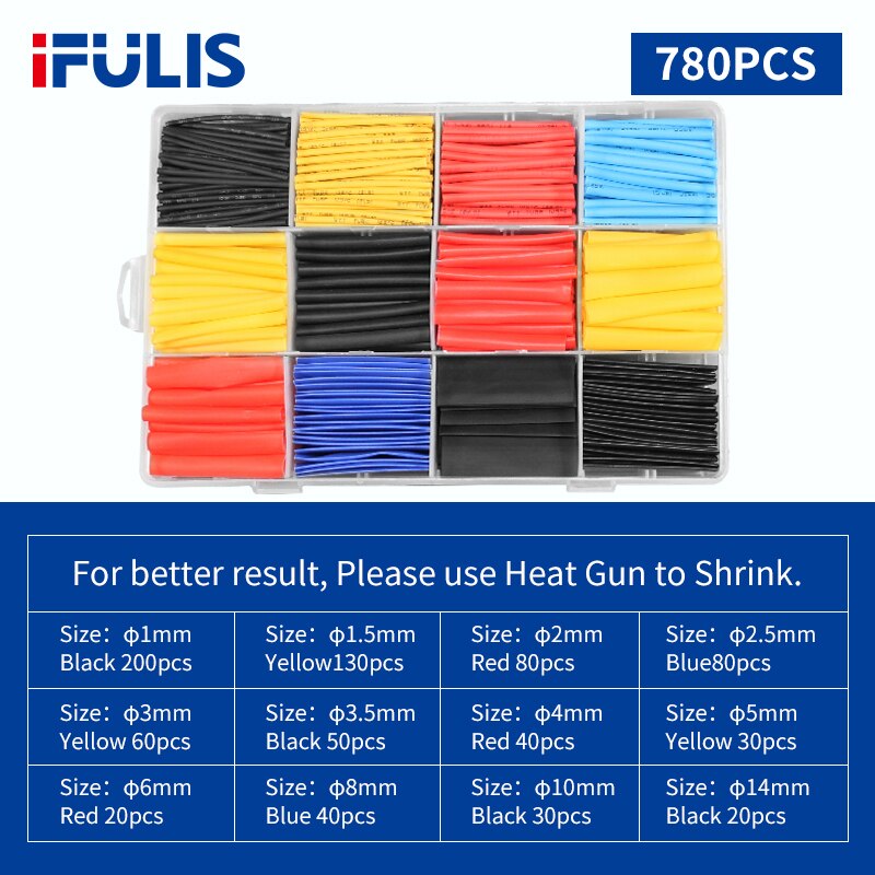 Tubes thermorétractables pour isolation, 800/780/580 pièces, gaine rétractable pour câble de voiture 2:1, plusieurs couleurs: 780PCS (Box)