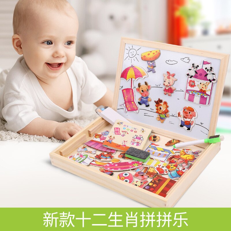 Multifunctional wooden clipboard double sided magnetic puzzle toy puzzle animal puzzle toy children&#39;s children&#39;s M45: 3