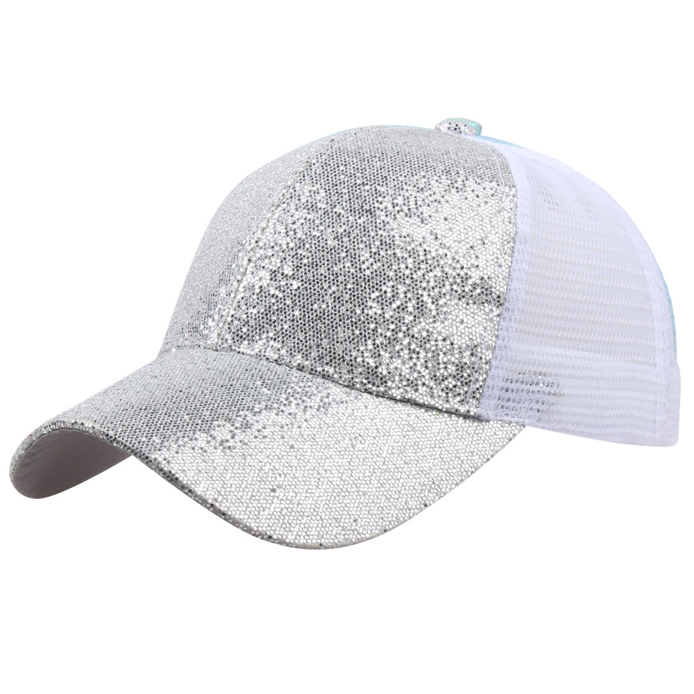 gorra de béisbol de cola de caballo para mujer, gorra desordenada de verano, gorra de malla, gorras de lentejuelas deportivas, gorra de # L5: Silver / L