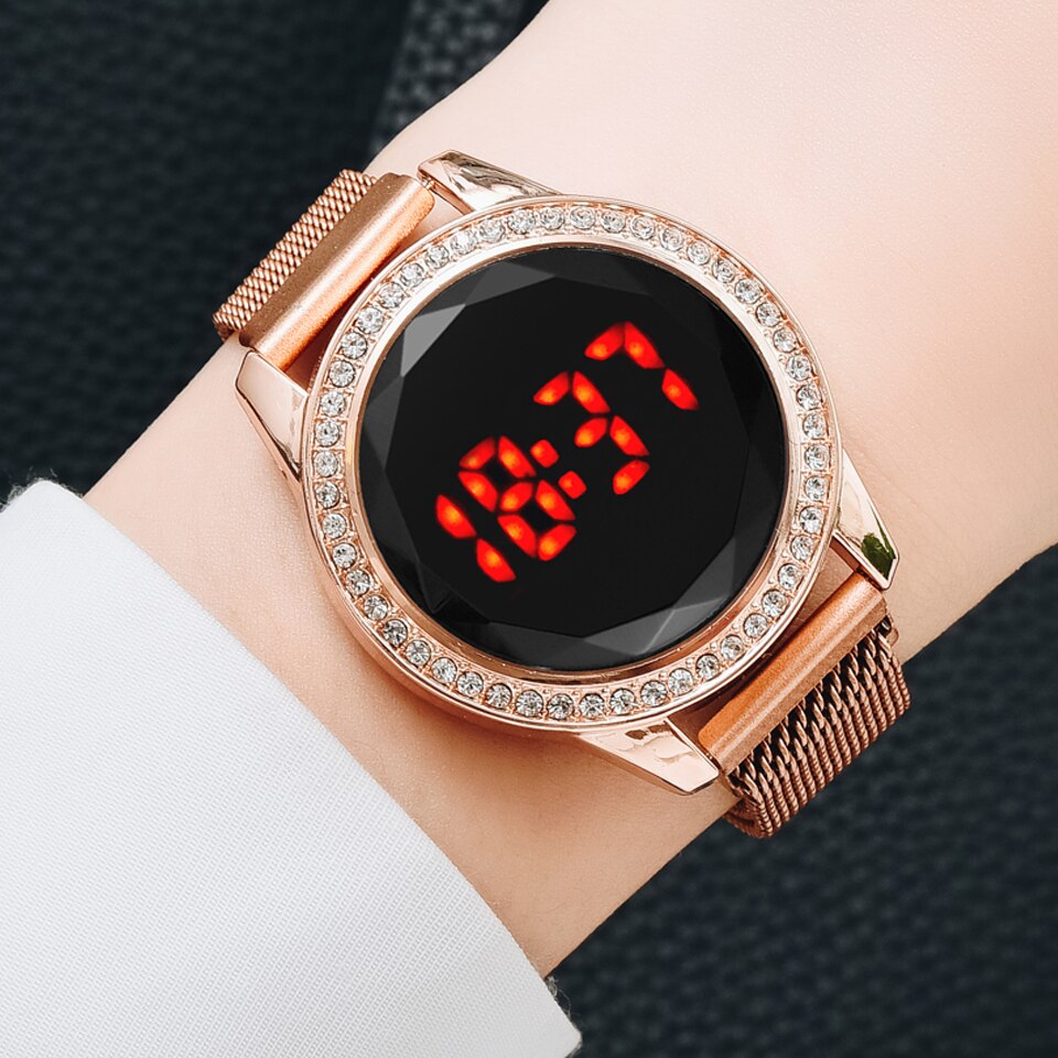 Magnetic Women Watches Rose Diamond touch screen Mesh Strap Ladies Electronic Wristwatches Minimalist Female Clock
