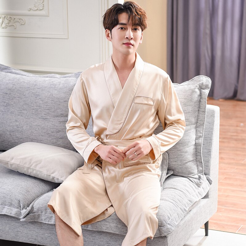 Men Gold Lounge Sleepwear High-grade Silk Nightwear For Men Comfort Silky Bathrobes Noble Dressing gown Men&#39;s Sleep Robes