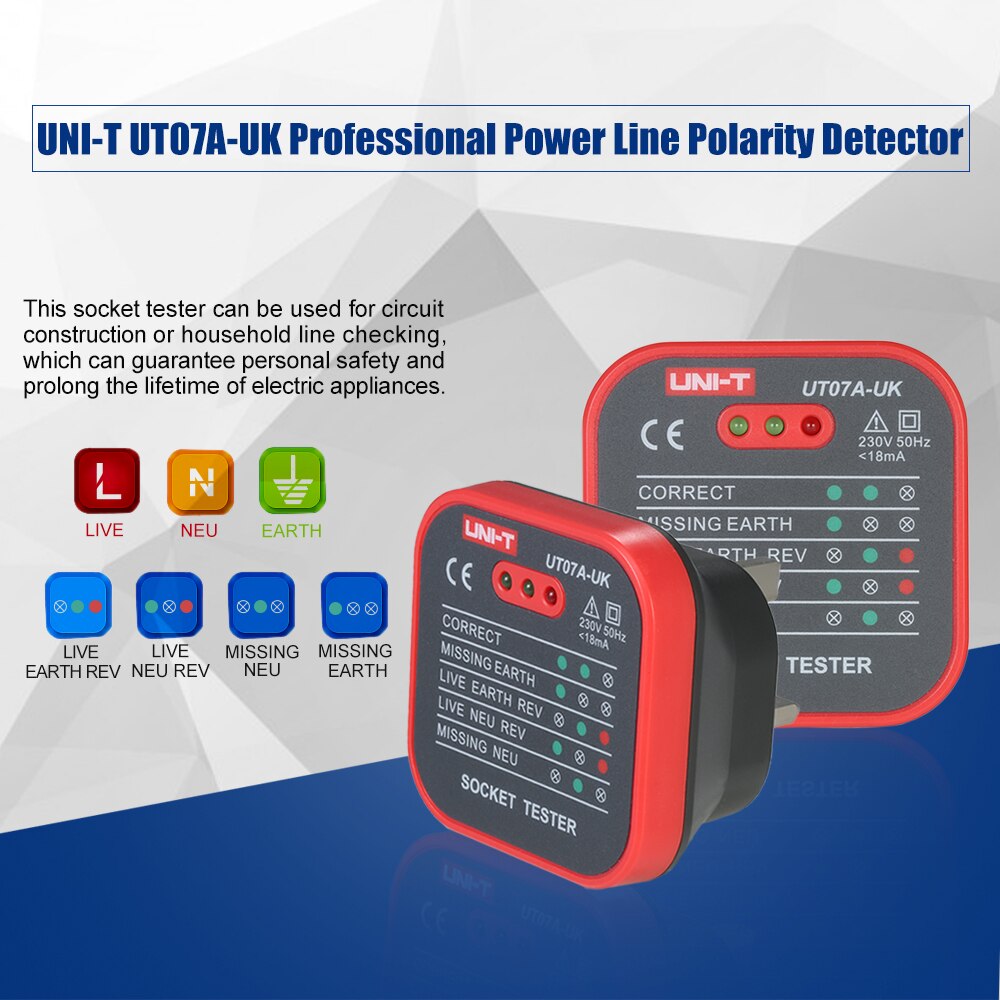 Uni-t  ut07a- uk socket tester fase strøm polaritetsdetektor jord nul neutral firewire socket elektroskop lækage