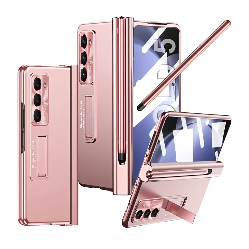 Luxe Pc Case Voor Samsung Galaxy Z Fold 5 3 4 Case Met S Pen En Pen Houder Scharnier Bescherming Ingebouwde Screen Protector Stand: ABS / Roze