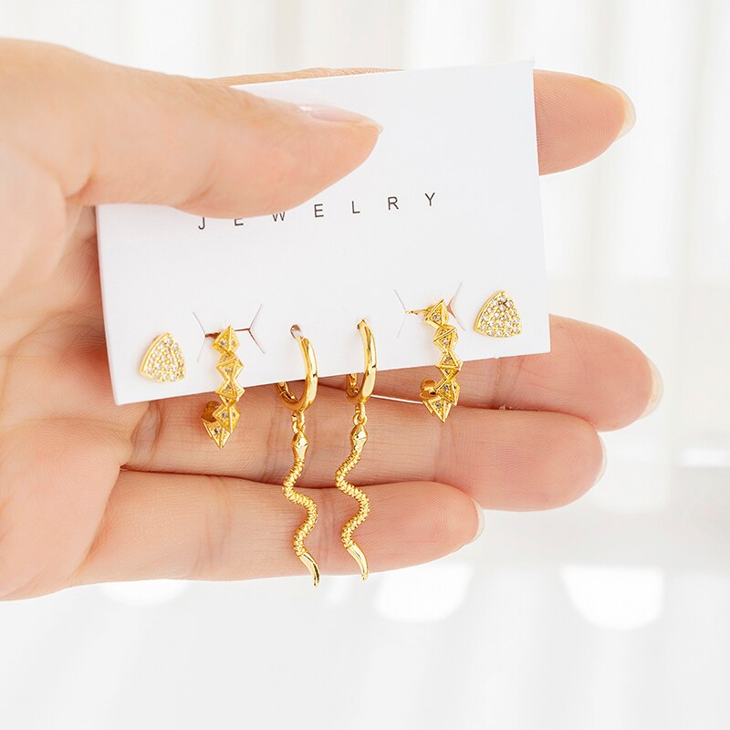 Sipengjel 6 Pcs Set Green Zirkoon Snake Hanger Oorbellen Prachtige Blad Kleine Hoepel Oorbellen Voor Vrouwen Sieraden: 2038