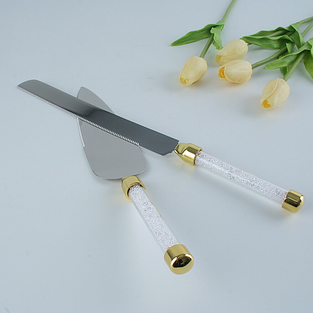  2pcs Wedding Cake Knife Server Set Stainless Steel Crystals Handle Cake Spatula Cutter Birthday Party Dinnerware Christmas