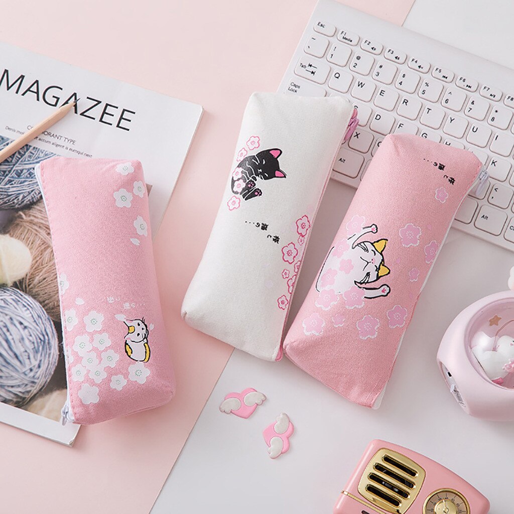 Kawaii Pink Cat Capacity Canvas Pencil Case Pen Box Girls School Stationery Bag For Girl Stationery Canvas Material Escolar