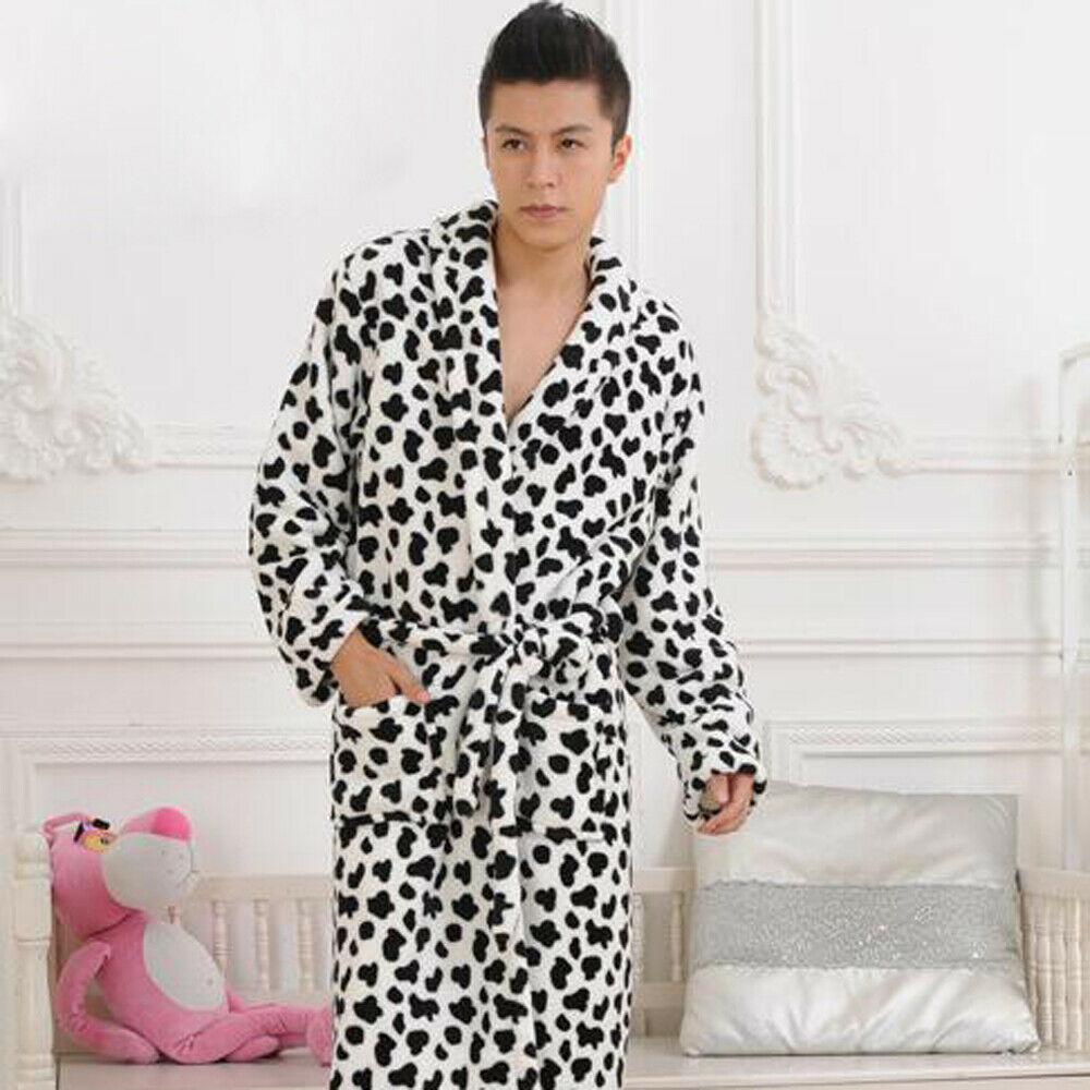 Unisex Men Flannel Warm Thickening Leopard Print Long Robe Soft Bathrobe Towelling Bath Robe Dressing Gown Nightwear: Brown / L