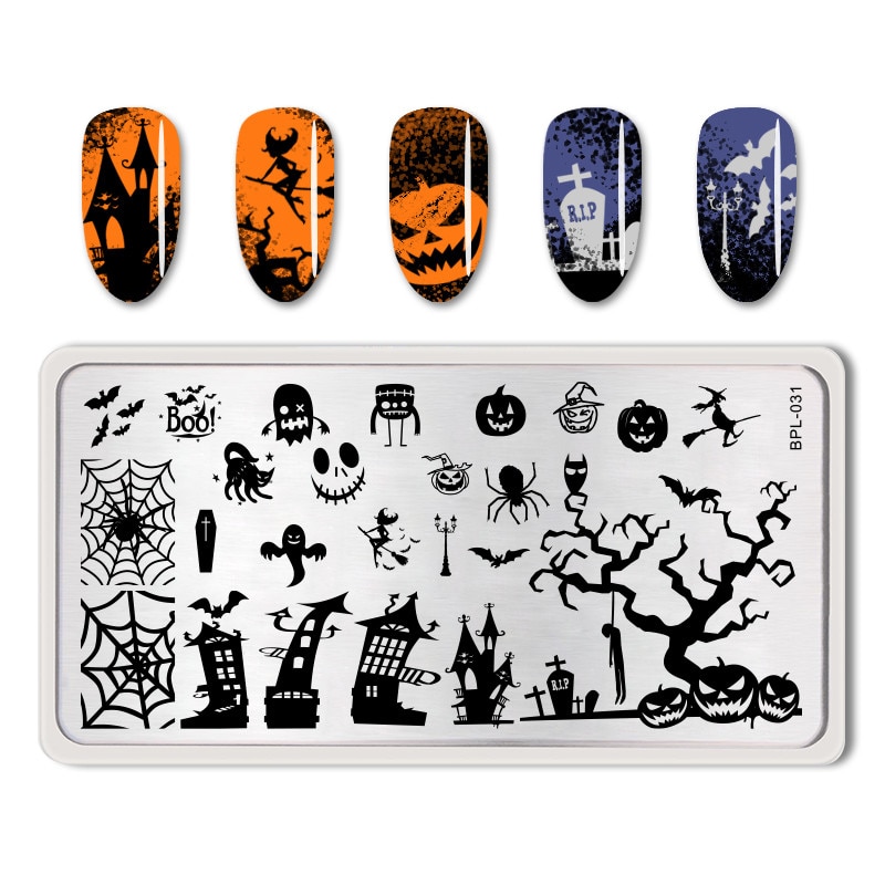 Geboren Pretty Halloween Thema Nail Stempelen Plate Pompoen Spider Afbeeldingsstempel Template Nail Art Stencil Platen