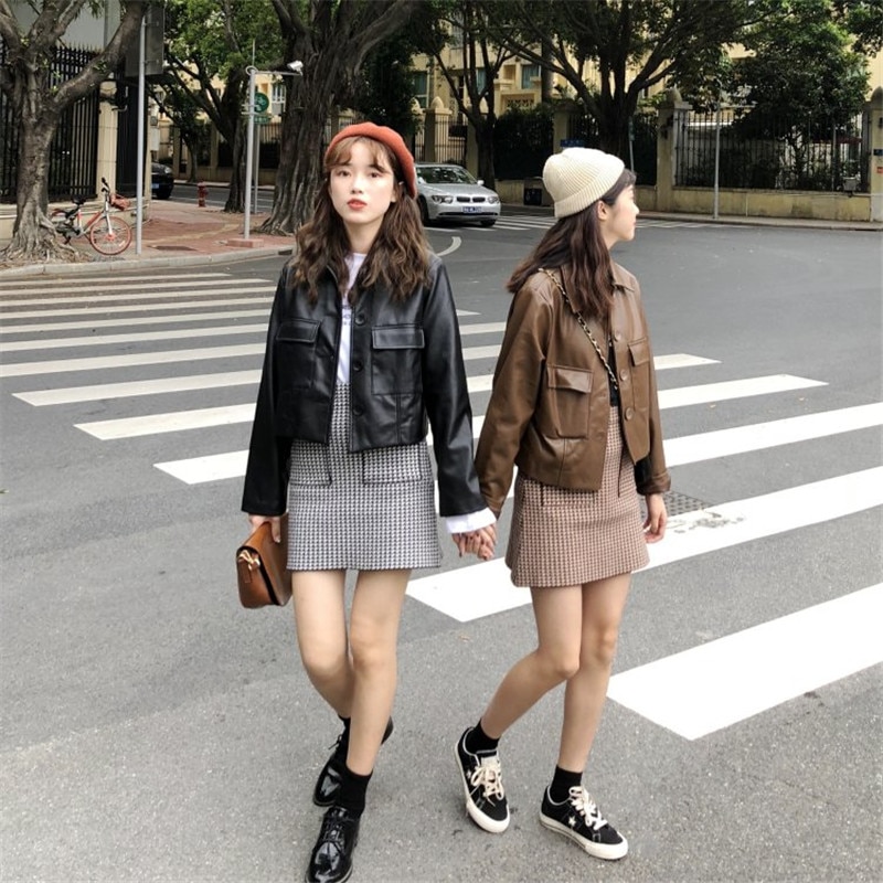 Voorjaar Koreaanse Losse Korte Faux Pu Leren Jas Motorfiets Jas Vrouwen Zwarte Koffie Kleur Casual Lederen Jassen Streetwear