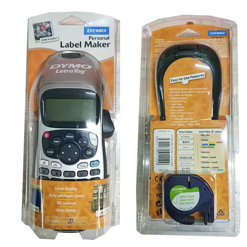 Dymo-LetraTag LT-100H fabricante de etiquetas portátil, Compatible con Letra Tag 91201 91200 12267 91202, adaptador de etiquetas 9V 2A, 12mm