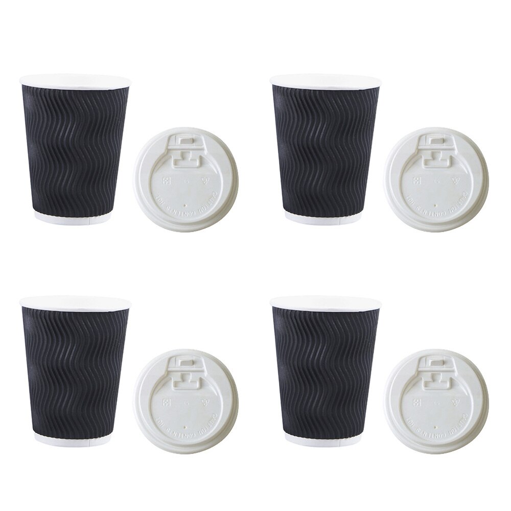 50pcs Disposable Coffee Cups Insulation Takeaway Threaded Paper Cup 8oz Black: White Lid