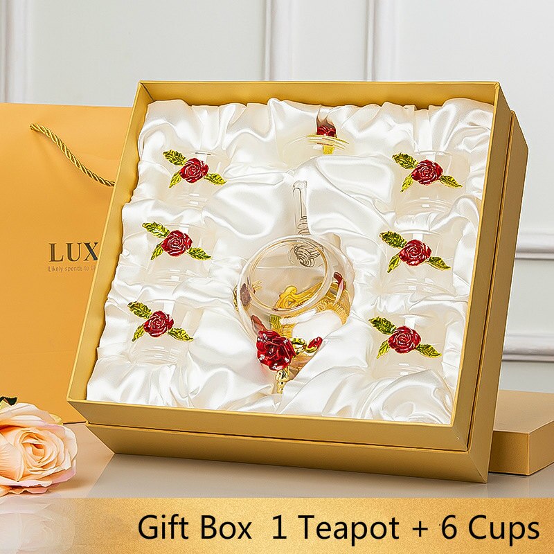 Juego de té de cristal con esmalte de rosa roja, juego de tazas de vidrio para té con flores, tazas de vidrio para té para bebidas calientes y frías, juegos de té y la Oficina para el hogar,: 1Teapot 6cups Red