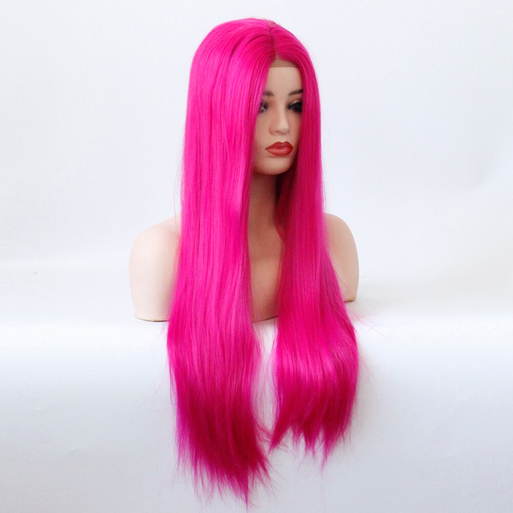 Parte media peluca atada a mano Color rosa rojo liso resistente al calor Cosplay del pelo Drag Queen sin pegamento pelucas sintéticas de encaje frontal