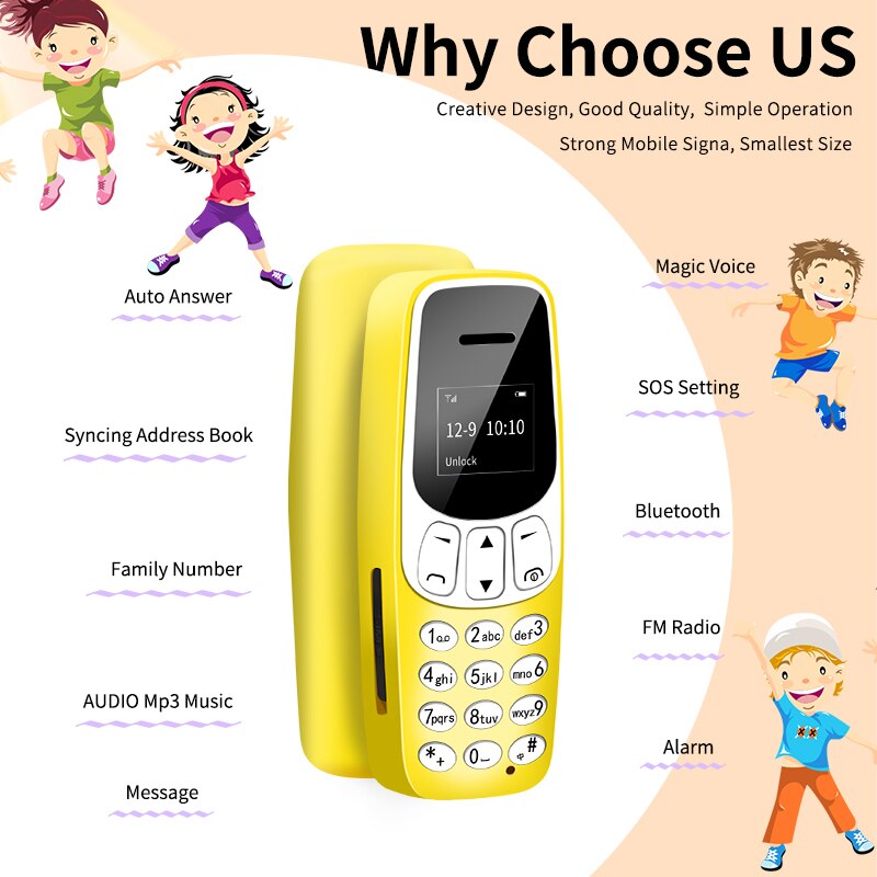 Mini kids Mobile Phones Bluetooth Dialer Earphone Magic Voice FM radio SIM Card Low Radiation MP3 Cell Phones PK J9 7S+ K8 BM70