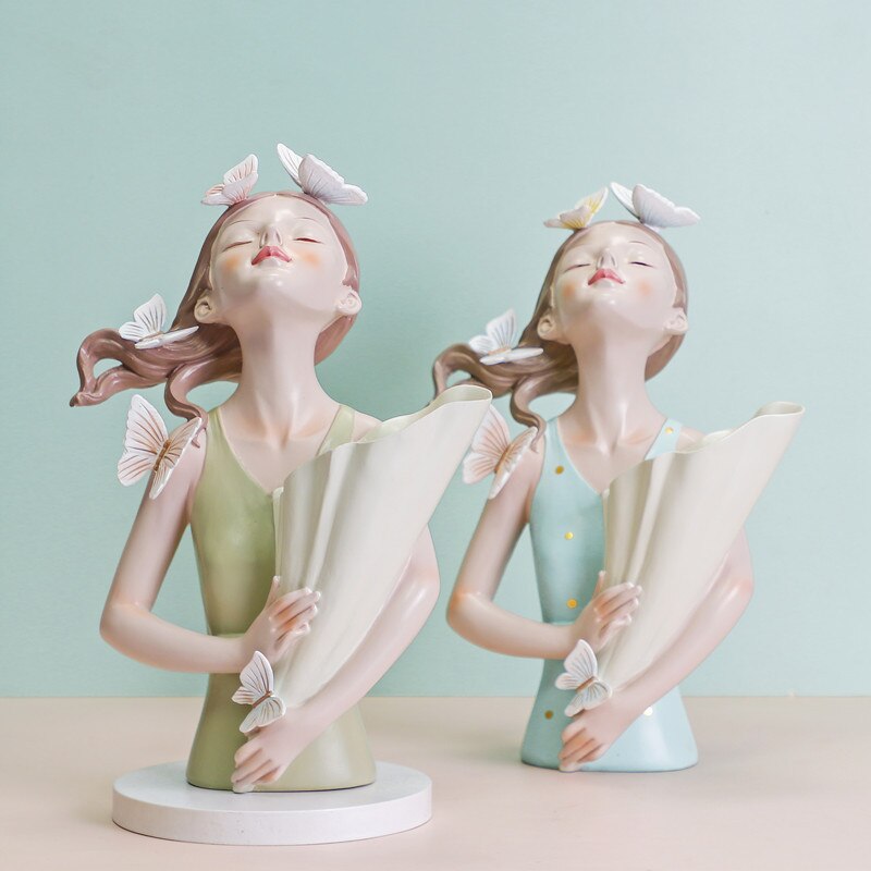 Kreatywna skandynawska moda motyl dziewczyna trzyma kwiat kwiat z żywicy kwiatek doniczkowy układ wazon suszony kwiat kwiat sztuka miękki deco