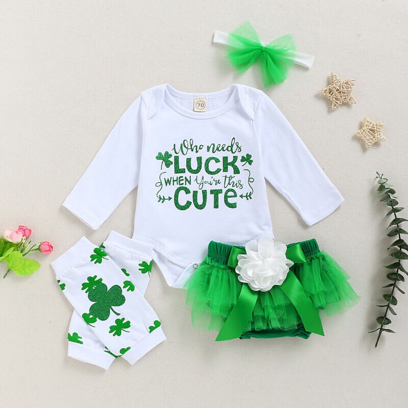 Día de San Patricio niño niña camisetas de manga larga + pantalones cortos de malla + cubierta de pie + traje con diadema 4 Uds conjuntos de trajes