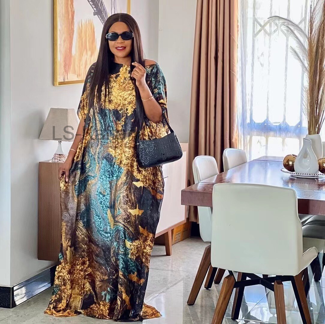 Silk African Popular Printed Muslim Kaftan HIjab Kaftan Maxi Dress Loose Summer Beach Bohemian Abaya Oversized: color 3