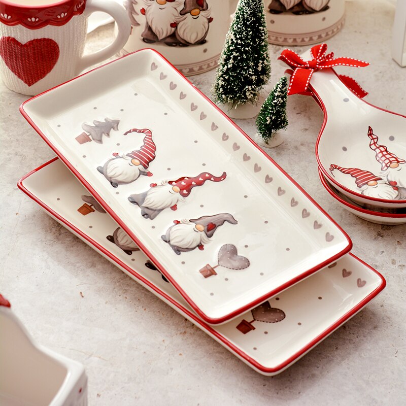 Cute Christmas Rectangular Plate Export Dinner Plate Net Red Ceramic Plate Fish Steak Flat Round Dish Plate