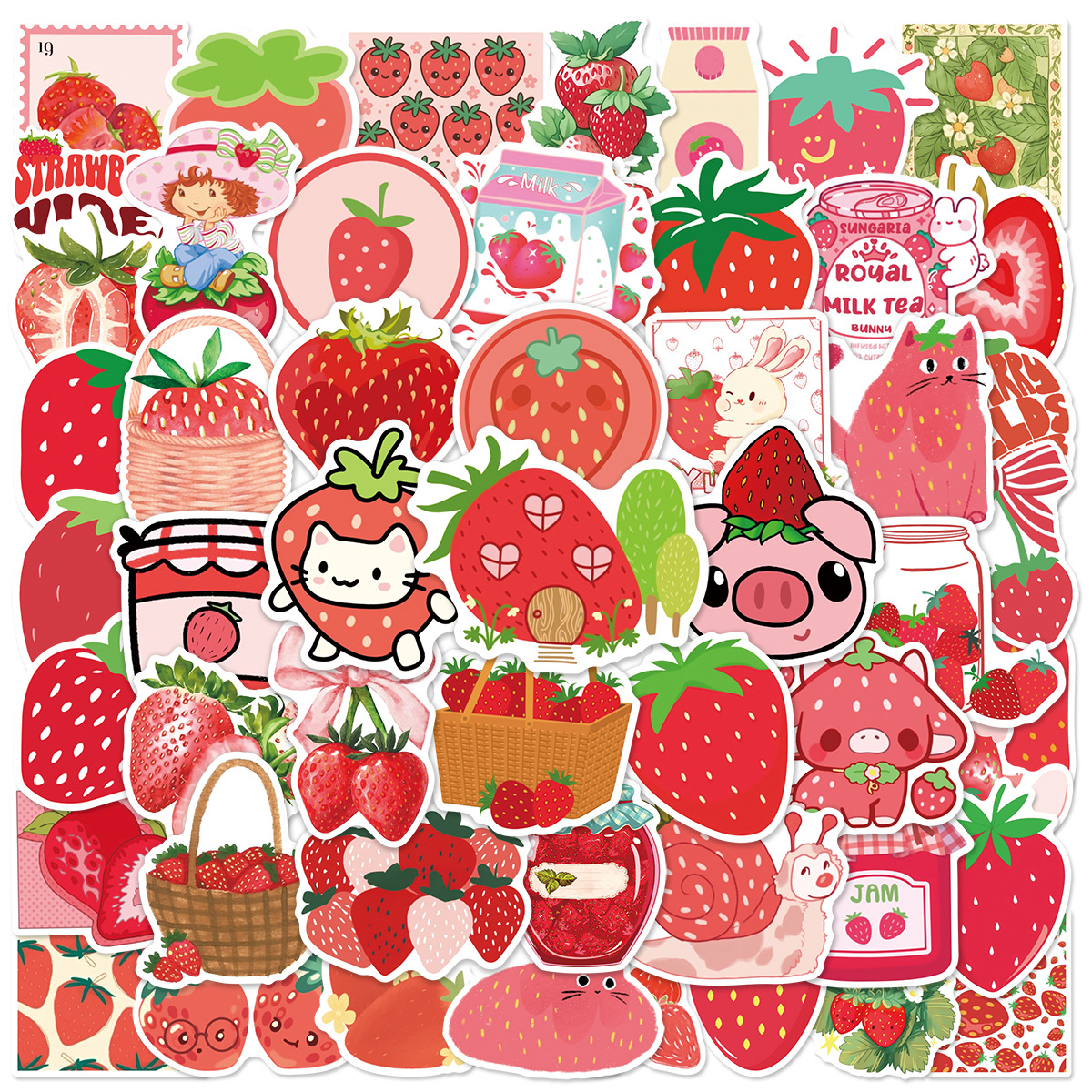 50Pcs Kawaii Strawberry Stickers DIY Stickers Scrapbooking Phone Luggage Skateboard Vinyl Waterproof Graffiti Decals: Default Title
