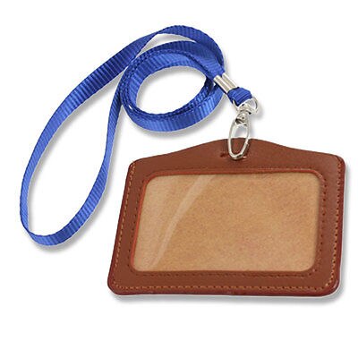 Faux Leather ID Badge Card Horizontal Holder Brown w Neck Strap 2 Pcs