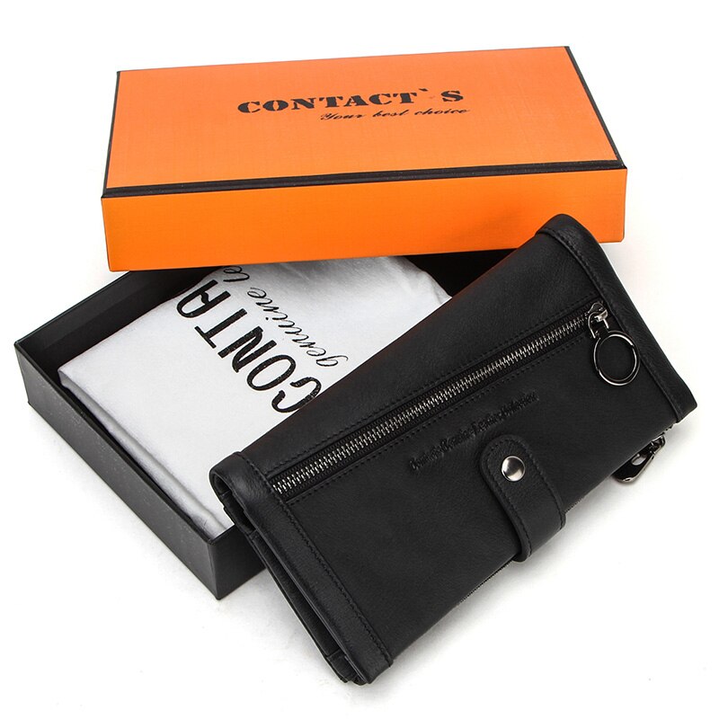 CONTACT'S 100% Genuine Leather Men Wallet Multifunction Long Purse with Coin Pocket Zipper Cartera Male Card Holder Rfid Wallets: Black Box