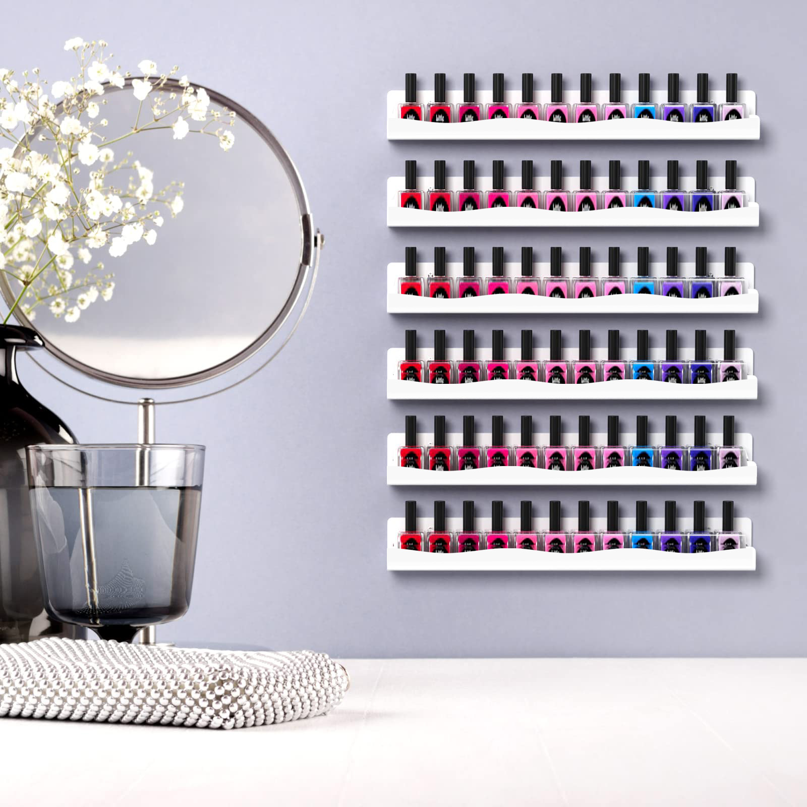 Nagellack-Wandregal: 4 verwöhnen, 15 Zoll, weißer Acryl-Nagellack-Organizer für 48-66 Flaschen, Mehrzweck-Acryl-Regal.