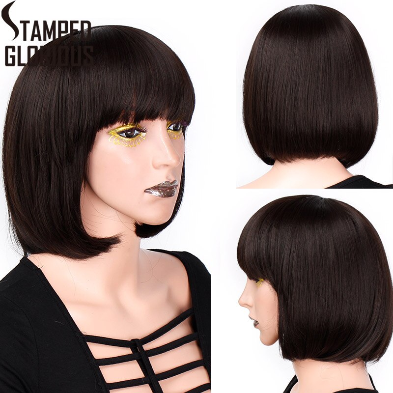 Estampillé glorieux court Bob Head perruque avec frange noir/blanc/marron synthétique perruque droite naturel résistant à la chaleur