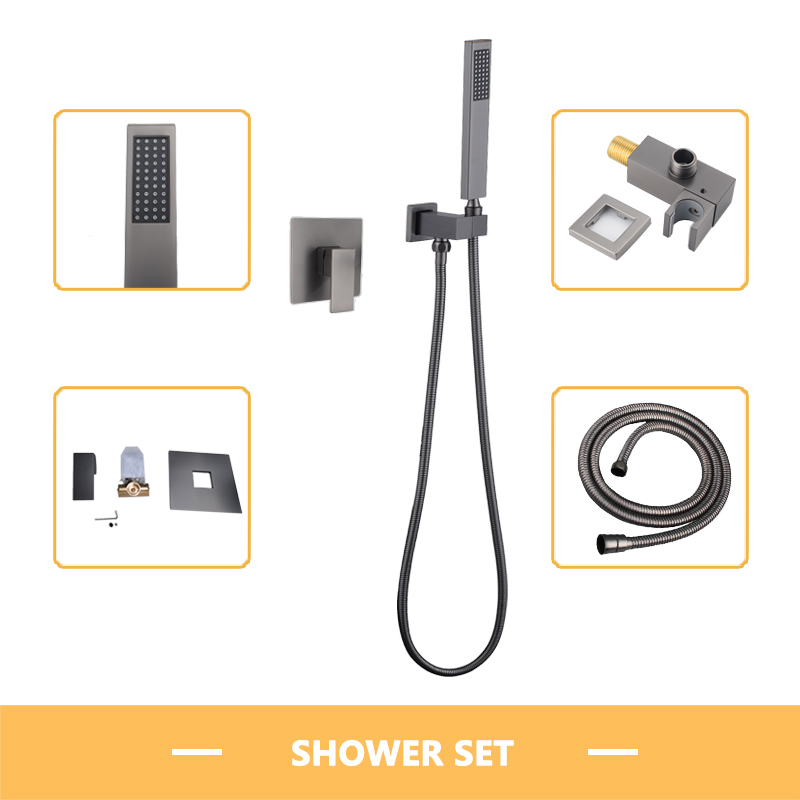 Bathroom Fixture Square In Wall Mounted Shower Set Hand Shower with Holder and Valve Body Metal Grey 1.5M Hose
