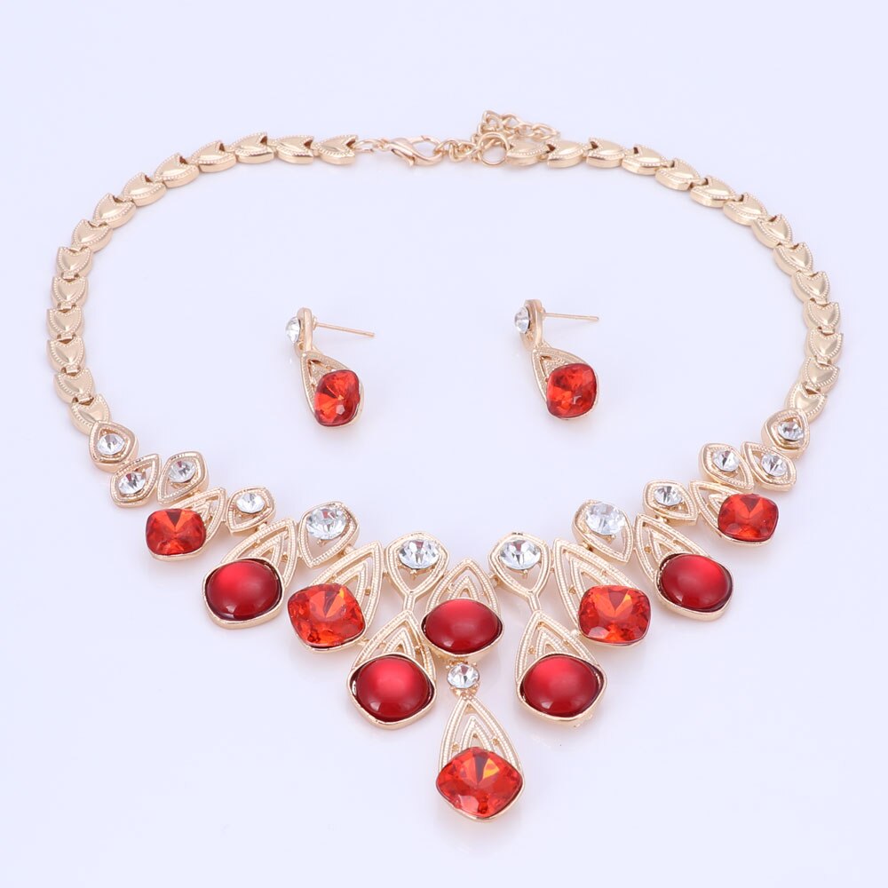 6 couleurs collier de pour femmes opale Noble collier et pendentif bijoux boucles d&#39;oreilles couleur or ensembles de bijoux: Red