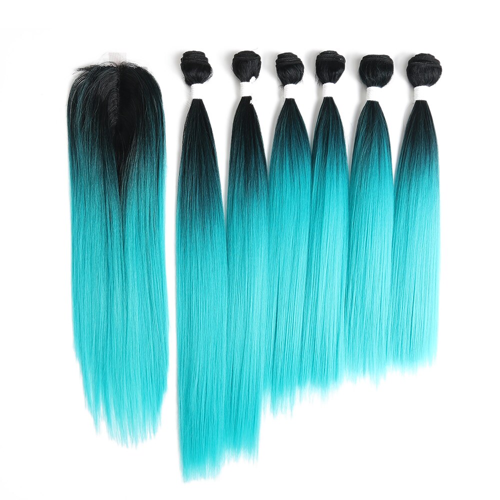 Highlight Synthetic Hair With Lace Closure Weave Bundles Weave Hair Extension Yaki Straight 6 Bundles With Closure SOKU: OM1B-TURQUOISE