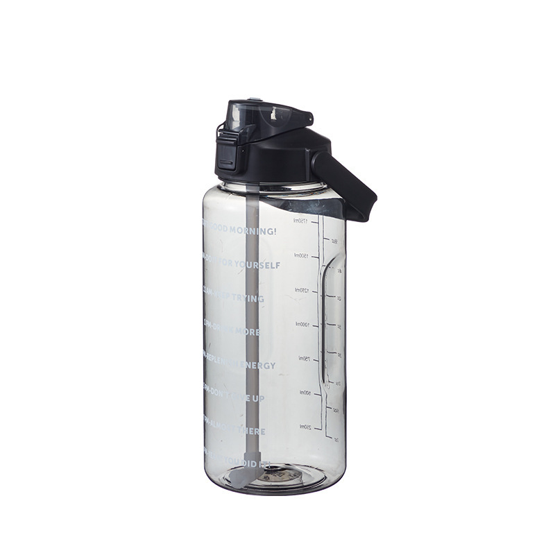2L Grote Capaciteit Waterfles Met Tijd Marker Portable Bpa Gratis Stro Cup Lekvrij Drinken Fles Outdoor Sport Fitness Jug: Black-Straight
