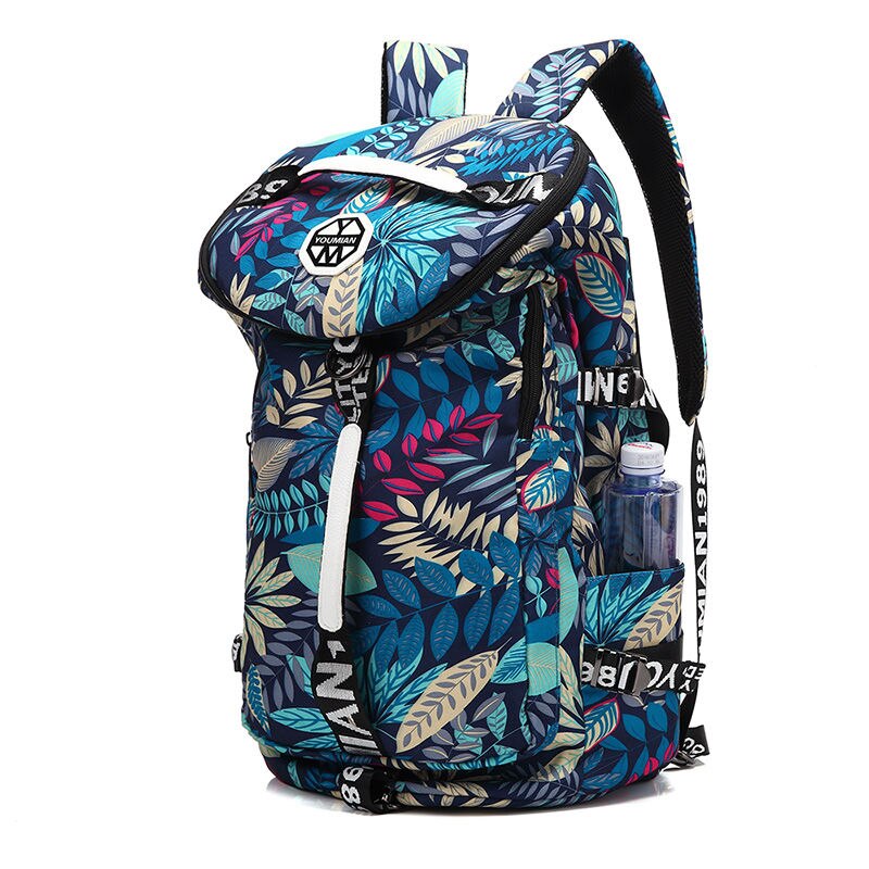 YOUMIAN Large-capacity travel backpack female shoulder bag sports fitness canvas bag light hiking travel luggage: Blue leaves Big