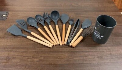 JOYLOVE 11 Uds conjunto de utensilios de cocina de silicona, mango de madera sólida rosa con caja de almacenamiento, Kit de utensilios de cocina accesorios de herramientas de cocina: Gray